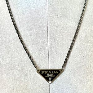Re-purposed Prada black tag on gunmetal stainless steel 25’ chain